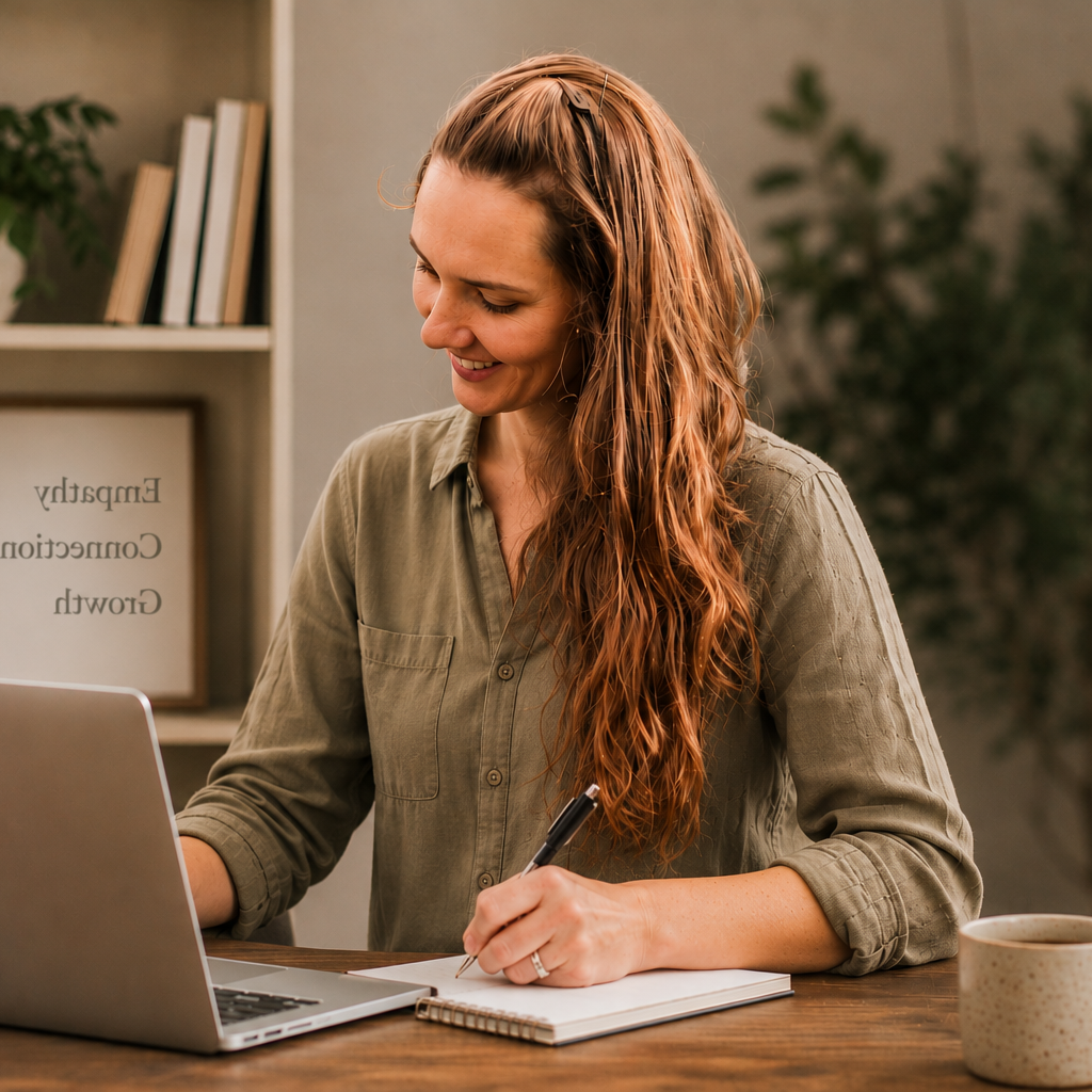 A woman with long red hair sitting at a desk, smiling, writing in a notebook, with a laptop in front of her and a coffee mug on the side.