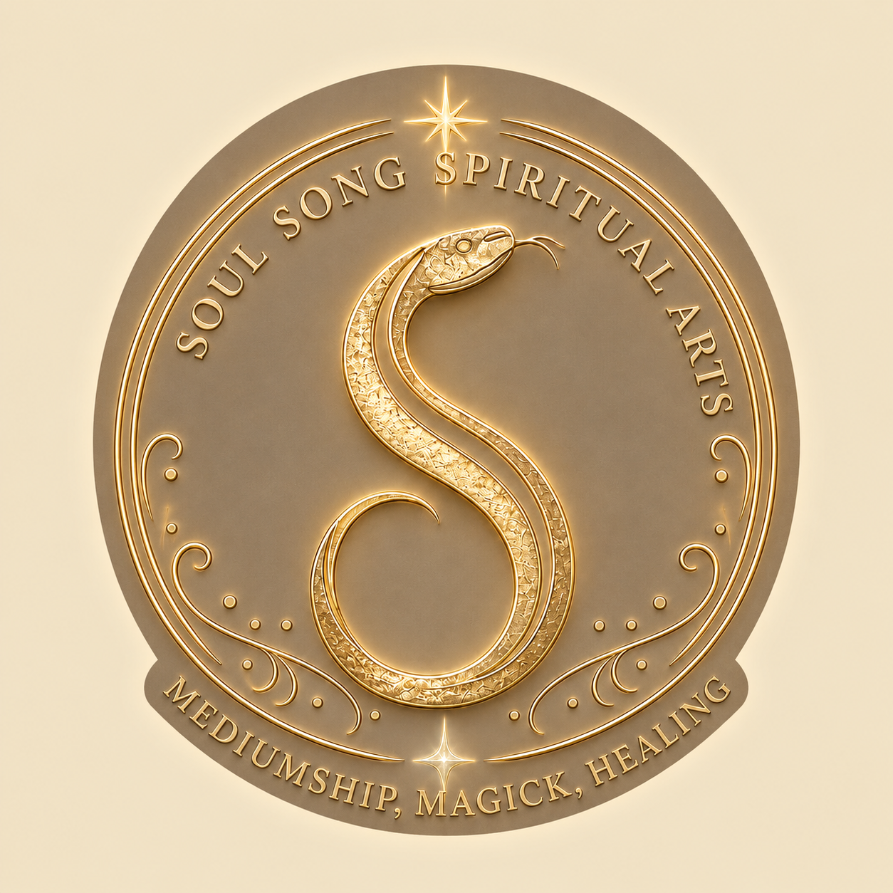 A decorative emblem with a gold snake forming the letter 'S', surrounded by the words 'Soul Song Spiritual Arts', 'Mediumship, Magick, Healing' and a star at the top.