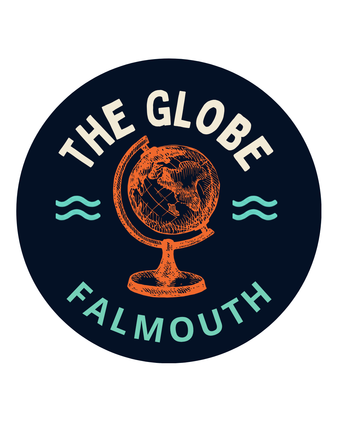 A circular logo with a dark background, featuring an orange illustration of a globe on a stand. The top of the logo reads 'THE GLOBE' and the bottom reads 'FALMOUTH,' with blue wavy lines on either side of the globe.