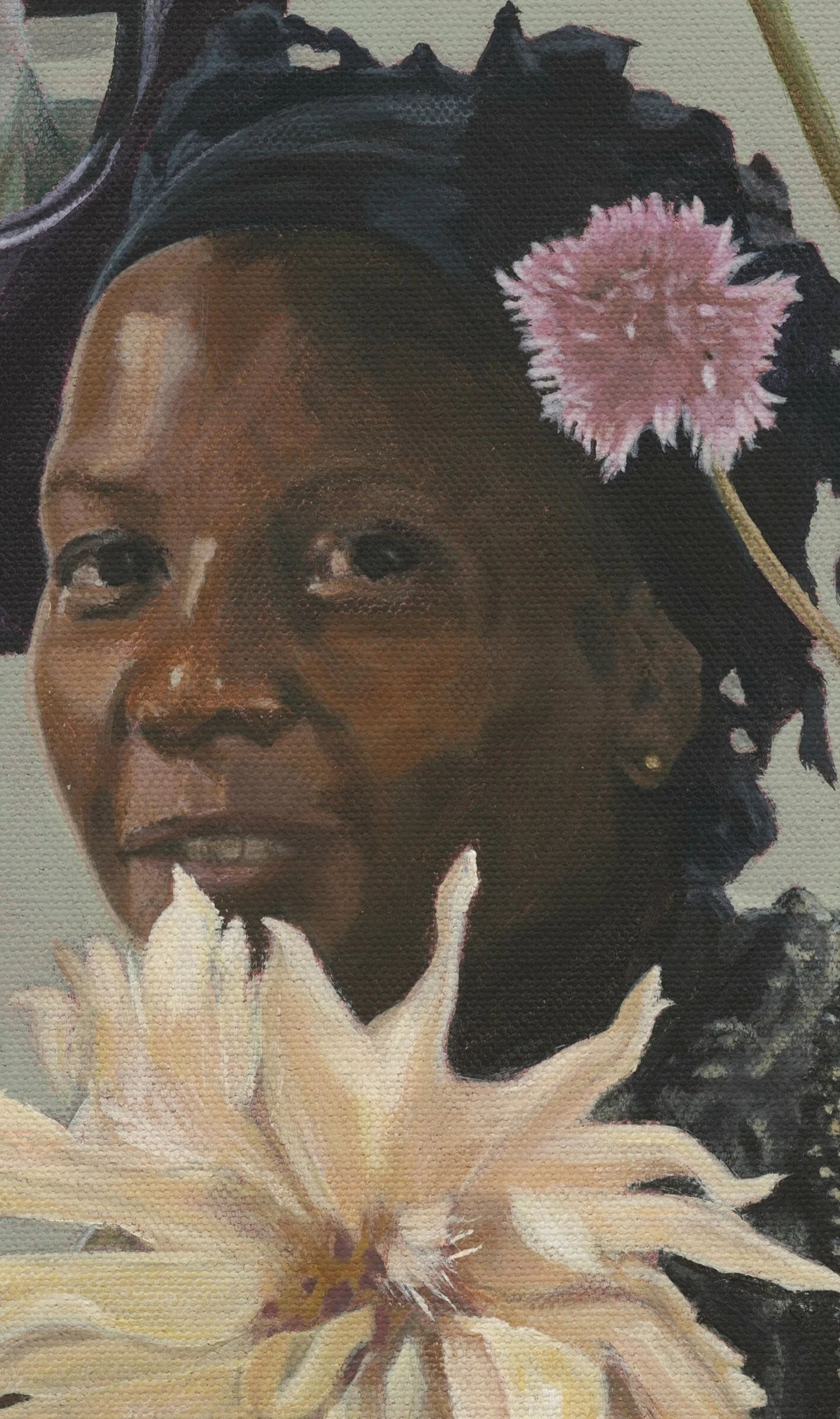 Oil painting of a woman with dark hair adorned with pink flowers, resting her chin on her hand next to a large pale yellow dahlia