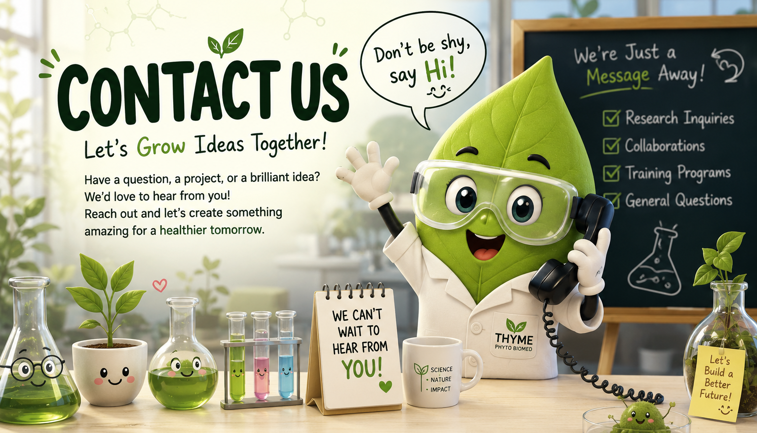 A cheerful cartoon leaf mascot wearing safety goggles and a lab coat, talking on a black telephone, surrounded by laboratory glassware with green liquids, a small plant, notes, and a chalkboard with contact information. The scene promotes a friendly, eco-focused scientific organization.
