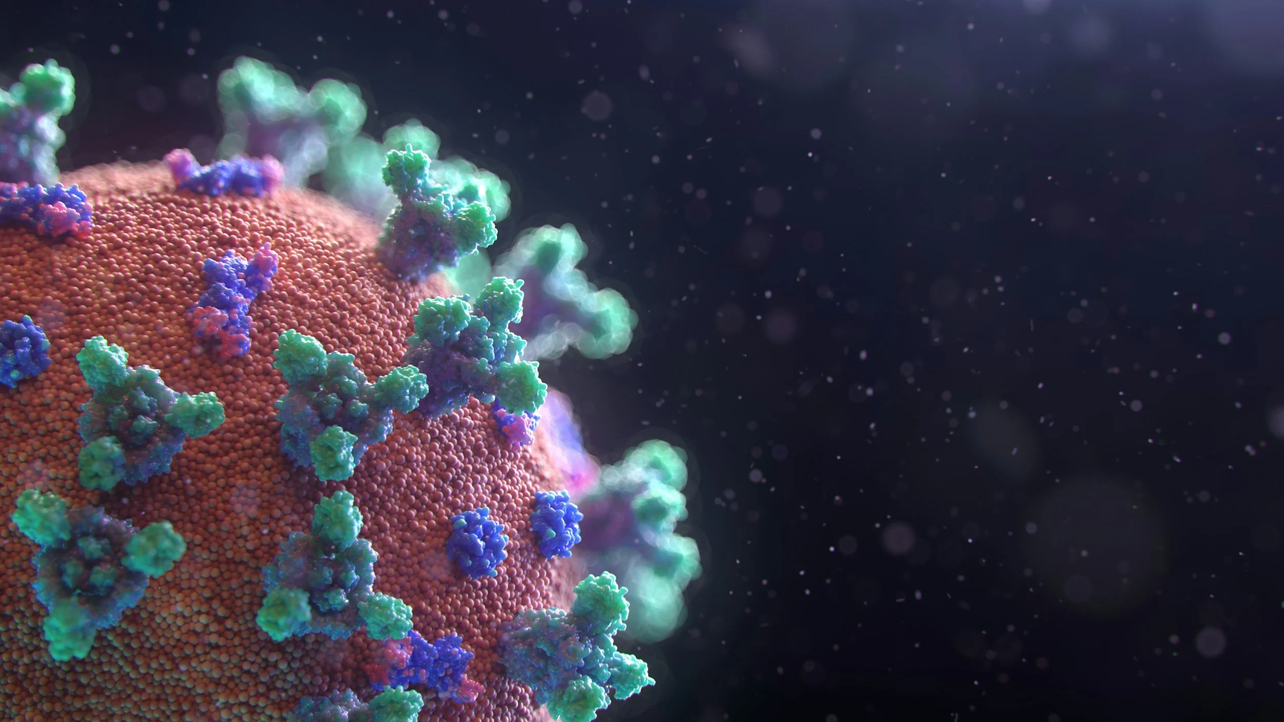A close-up digital illustration of a virus particle with spike proteins on its surface, set against a dark background with floating particles.