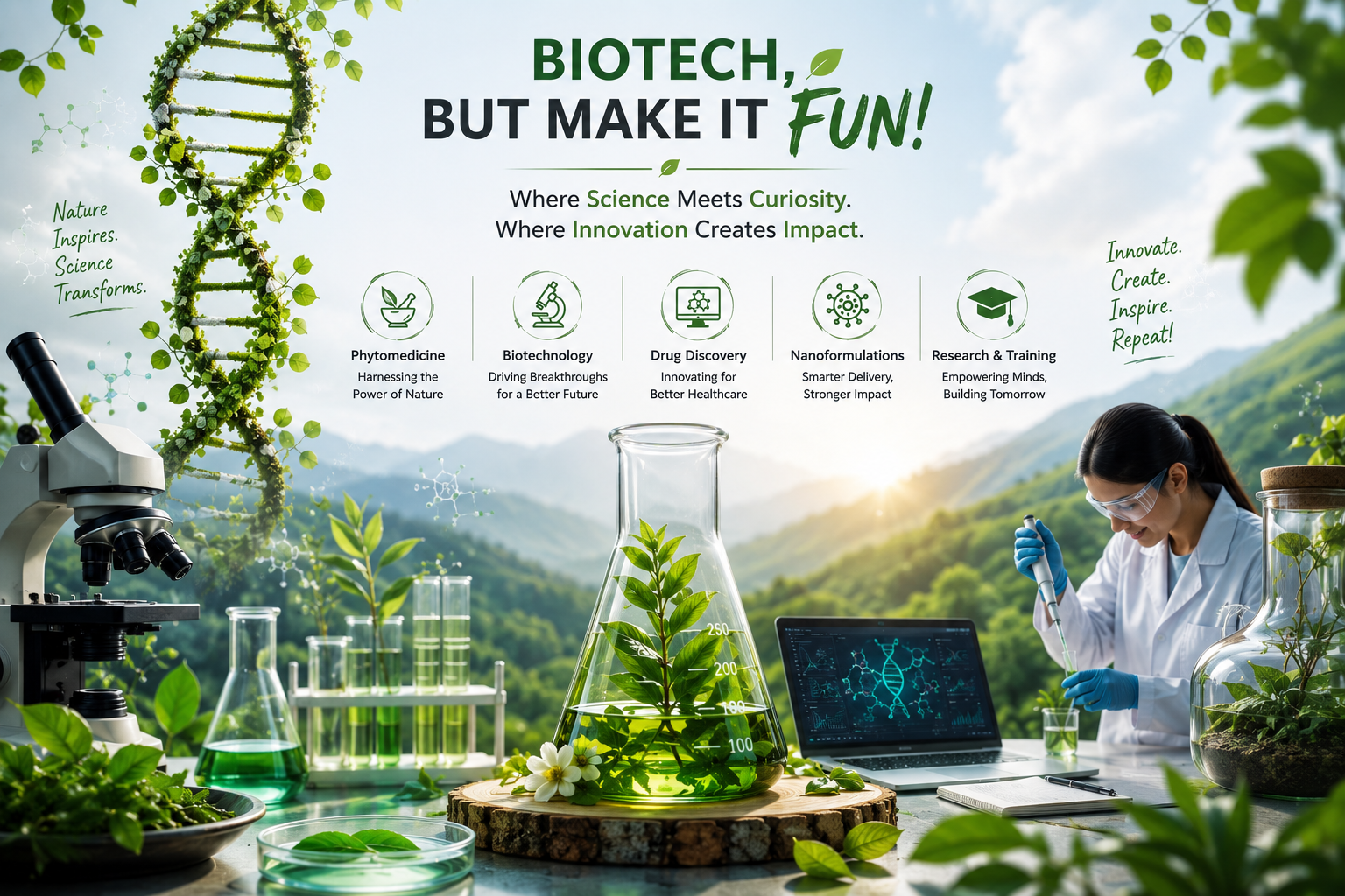 A scientist in a white lab coat and safety glasses working with a pipette at an outdoor biotechnology laboratory with mountains in the background. The scene features scientific equipment, plants, and a laptop displaying DNA helix graphics. The image promotes biotech research and innovation.