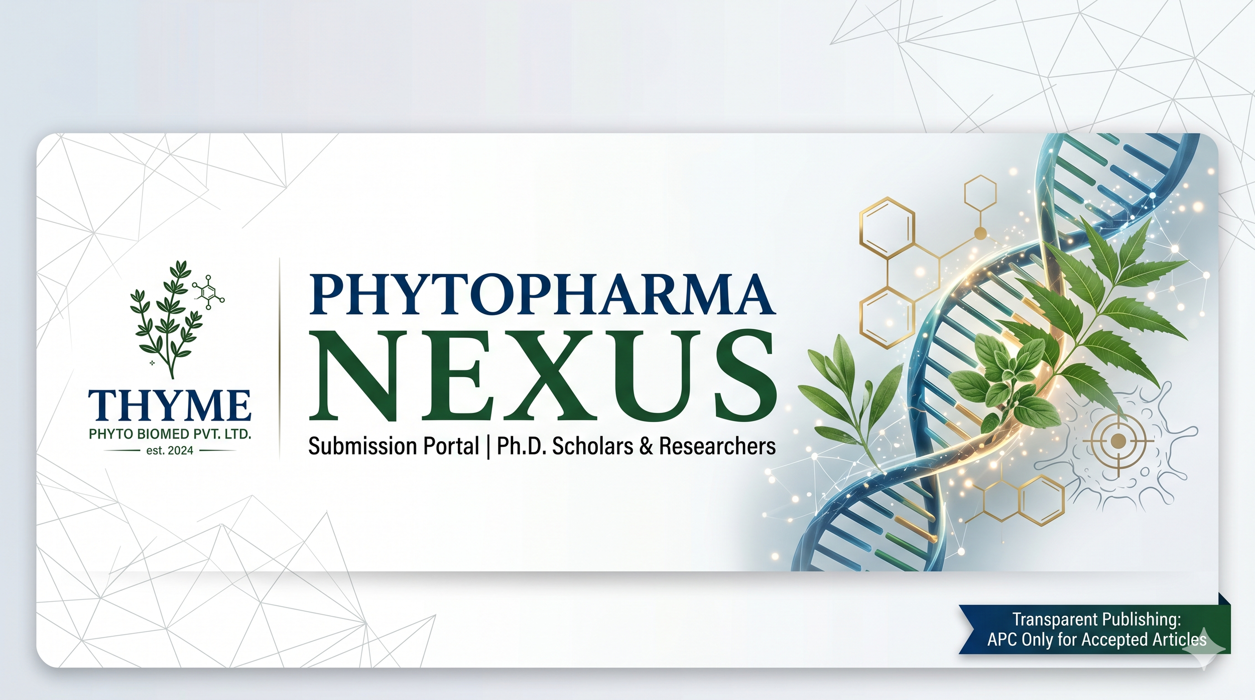 A digital graphic promoting the Phytopharma Nexus submission portal by Thyme Phyto Biomed Pvt. Ltd., featuring DNA double helix, green leaves, chemical structures, and a scientific theme.