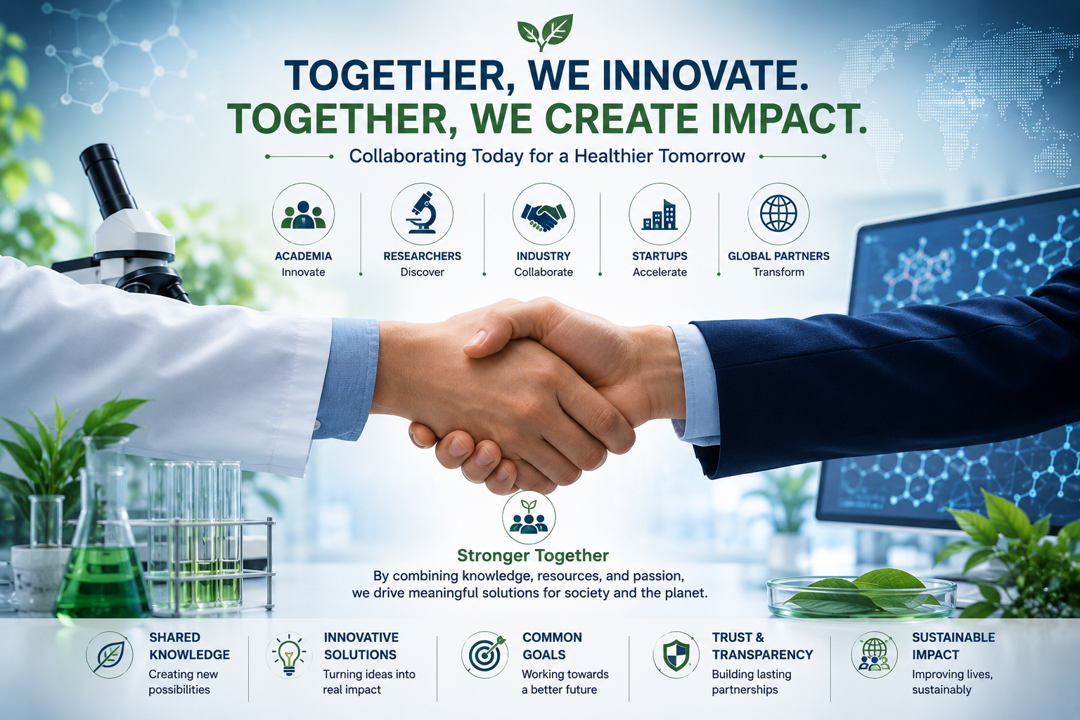 Handshake between two individuals in scientific lab setting with lab equipment and plants, overlaid with text about collaboration in research, industry, startups, and global partners for sustainable impact.