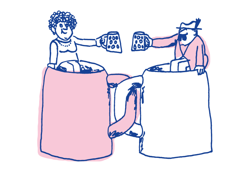Illustration von zwei Personen, die mit Bierkrügen feierlich anstoßen.