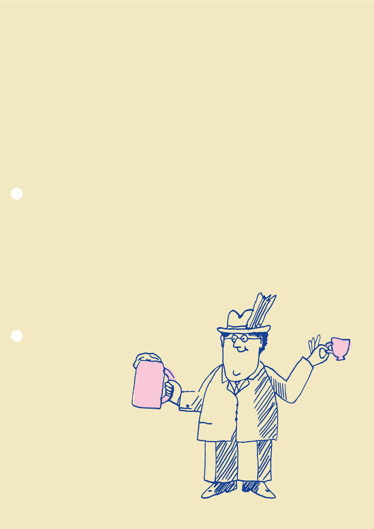 Ein A4 Löschpapier mit einer Illustration einer Person in Hemd und Anzughose, die einen Bierkrug und eine Tasse hält.