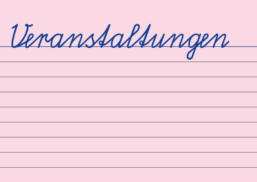 Rosa Karteikarte mit der Überschrift 'Veranstaltungen' in blauer Handschrift.