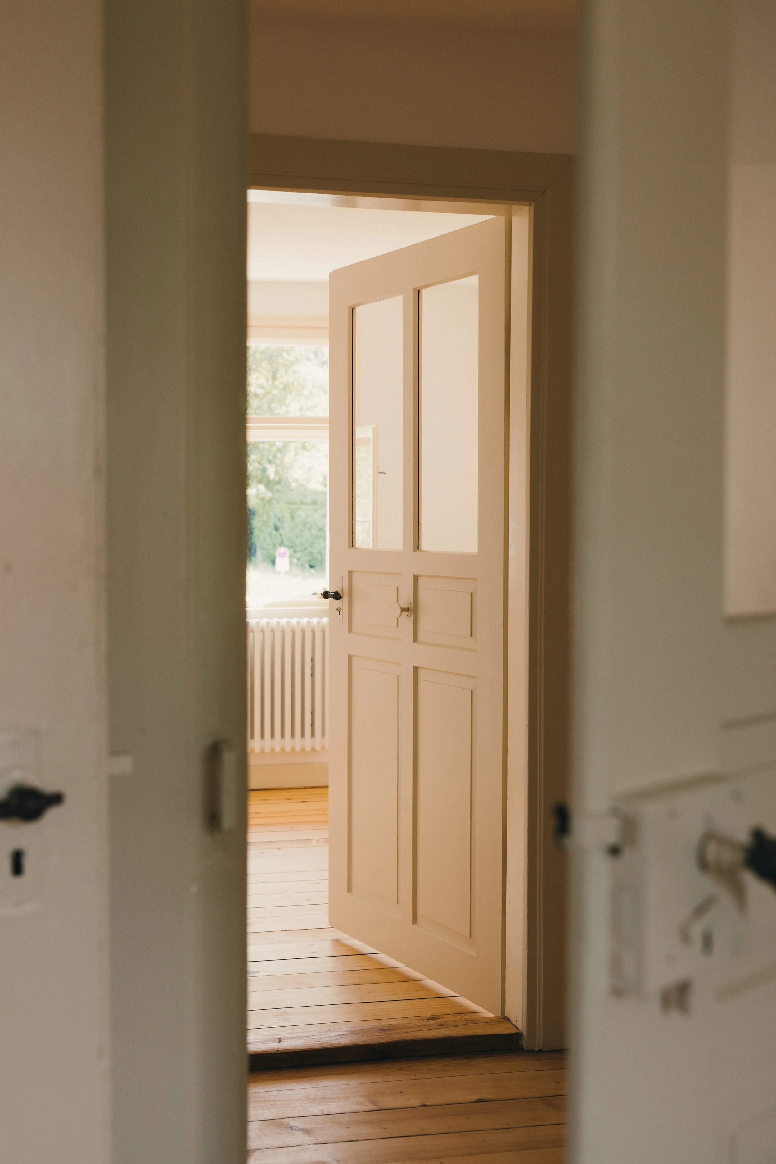 Innenansicht eines offenen weißen Hauses mit Holzboden, Fenster und Tür, durch die man einen Garten mit Bäumen sieht.