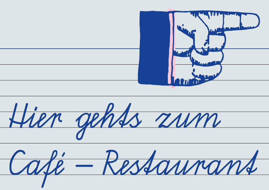 Eine blaue Karteikarte mit einer handgezeichneten Illustration eines pointing-Fingers und handgeschriebener Text, der sagt 'Hier gehts zum Café - Restaurants'.