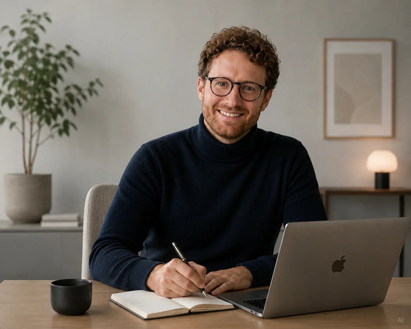 Dr Philipp Böhm Paar&Sexualtherapie in München&Online sitzt am Schreibtisch und schaut lächelnd in die Kamera.