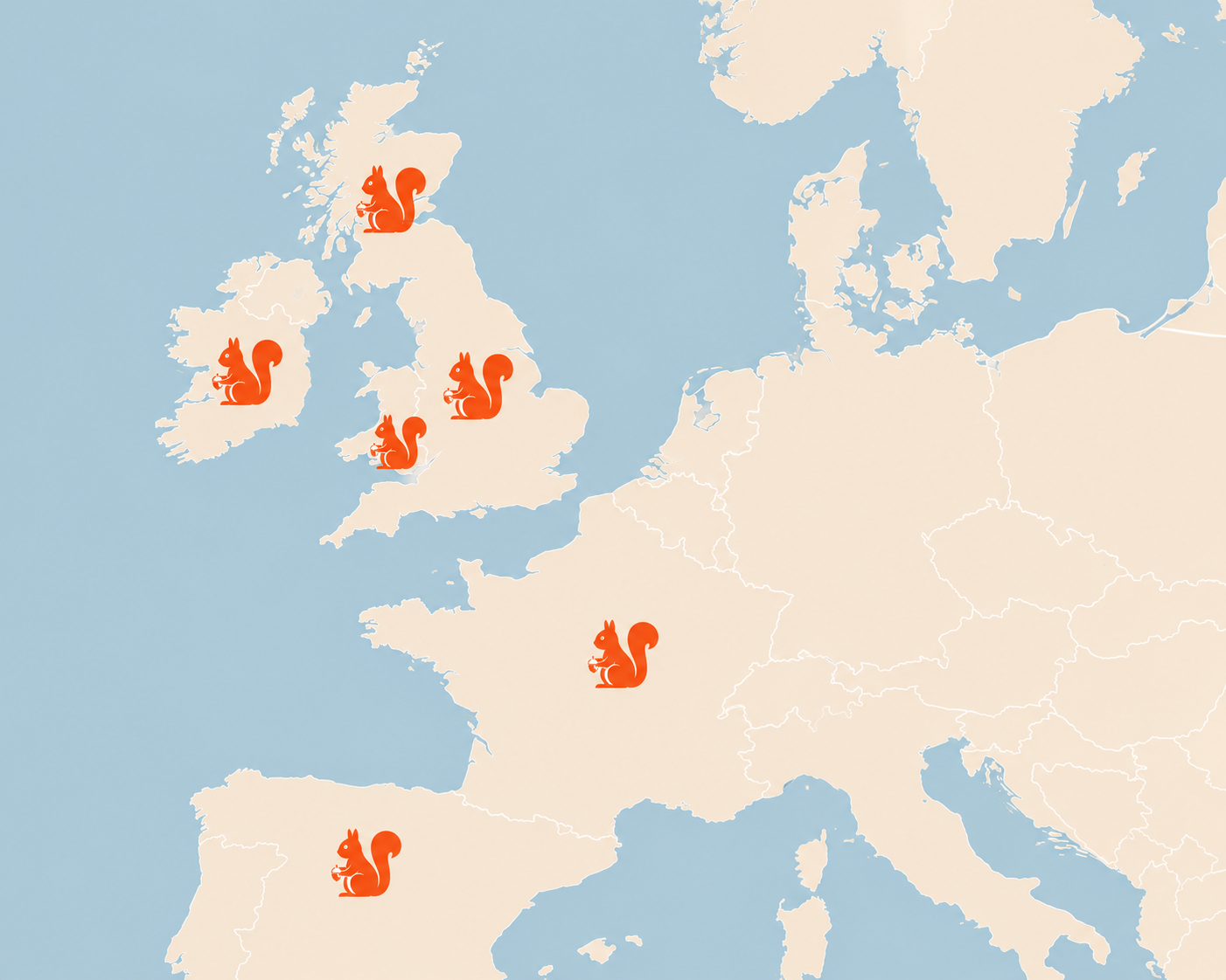 Map of Europe with rôles of orange squirrels in France, Spain, Germany, Italy, the UK, and Scandinavia.