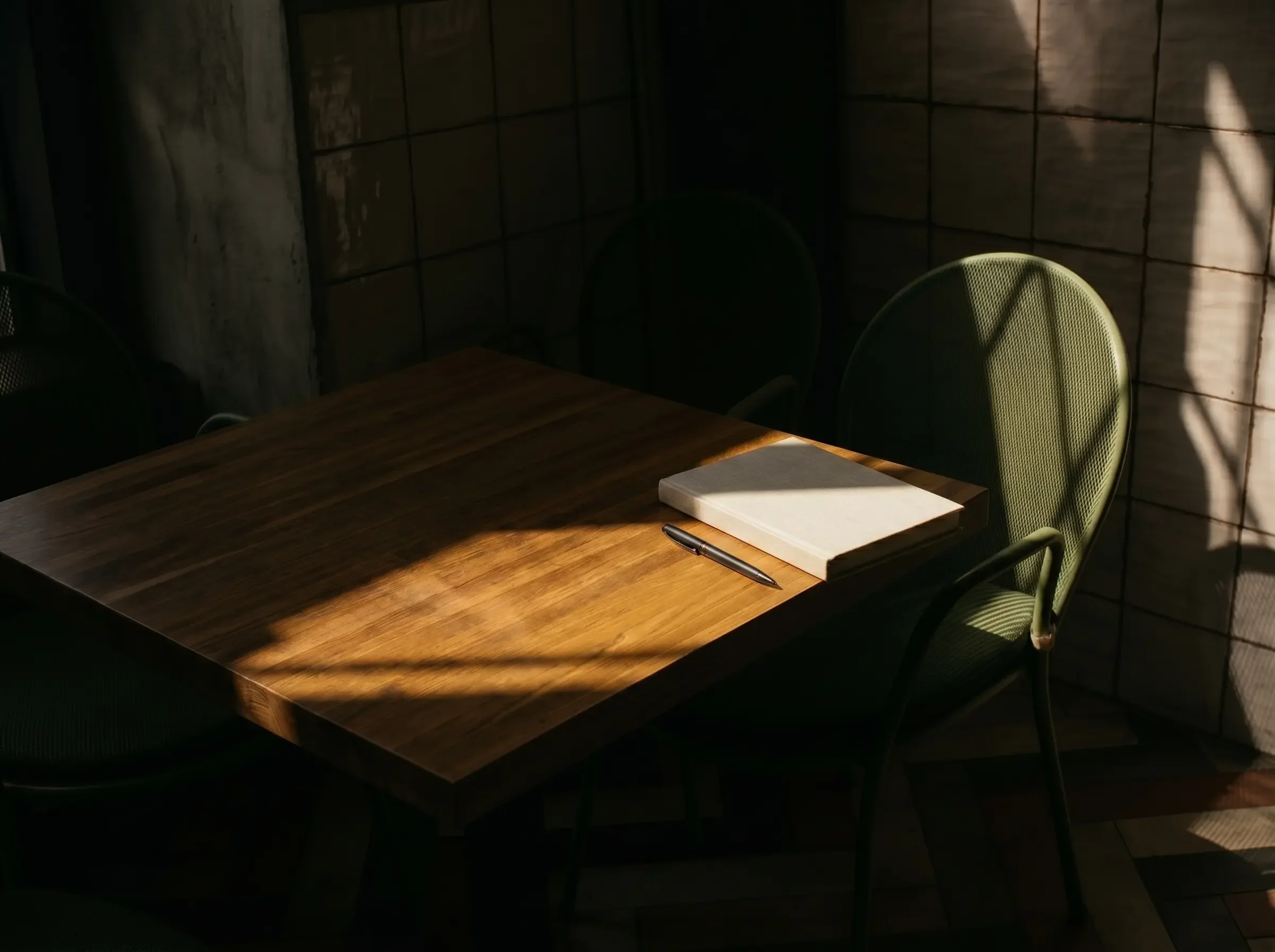 A wooden table with a notebook and pen on it, surrounded by green chairs, in a room with brick walls and sunlight casting shadows.