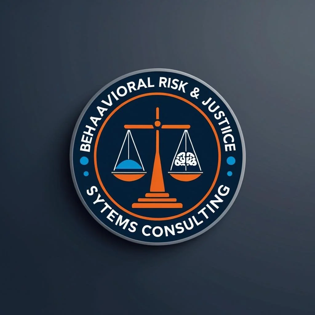 A circular logo for Behavioral Risk & Justice Systems Consulting featuring a balance scale with a brain on one side and a globe on the other side.
