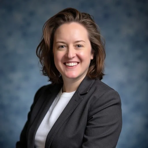 A professional woman with shoulder-length brown hair smiling, wearing a dark blazer over a white top, against a blue mottled background.