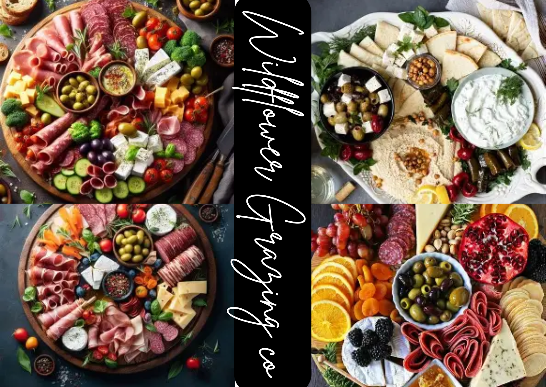 A collage of four images displaying charcuterie boards with a variety of meats, cheeses, fruits, vegetables, nuts, and garnishes, with a black and white handwritten-style text overlay that reads 'the best of everything'.