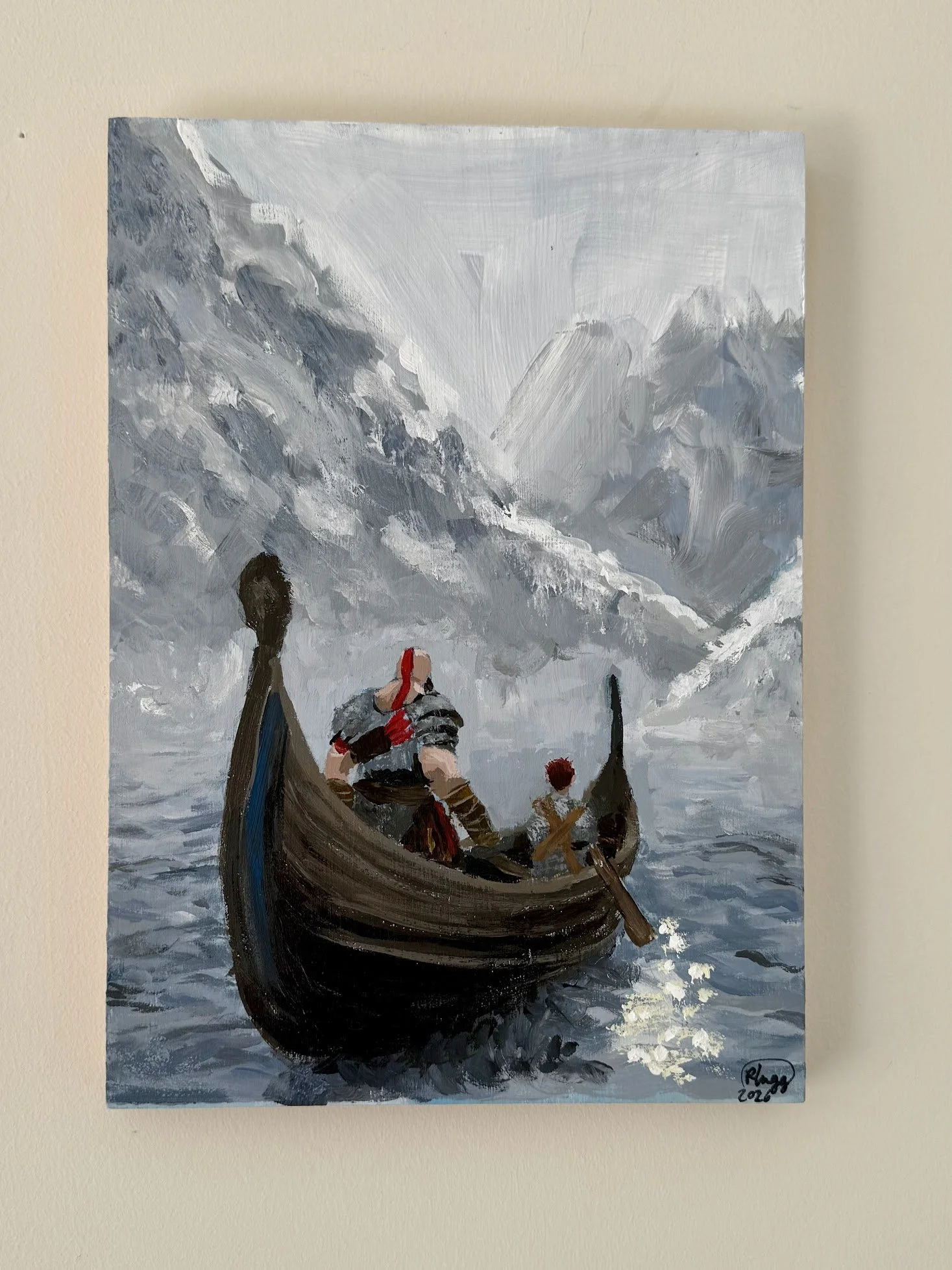 A painting of a boat on water with three figures inside. The background shows a cloudy sky and mountains.