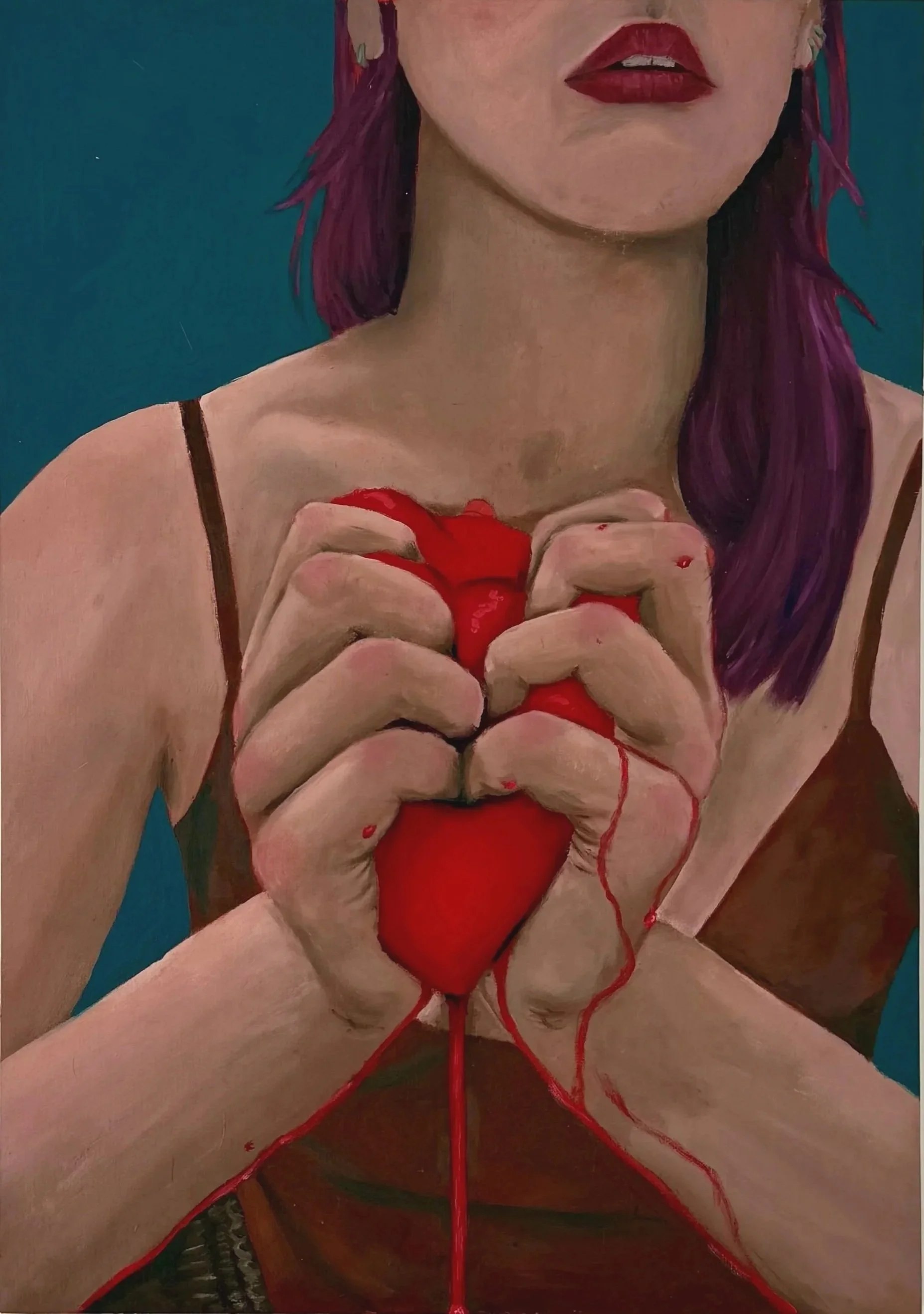 Close-up of a woman with purple hair, wearing red lipstick, holding a red heart-shaped object with red liquid. The woman is wearing a dark strap top. The background is blue.