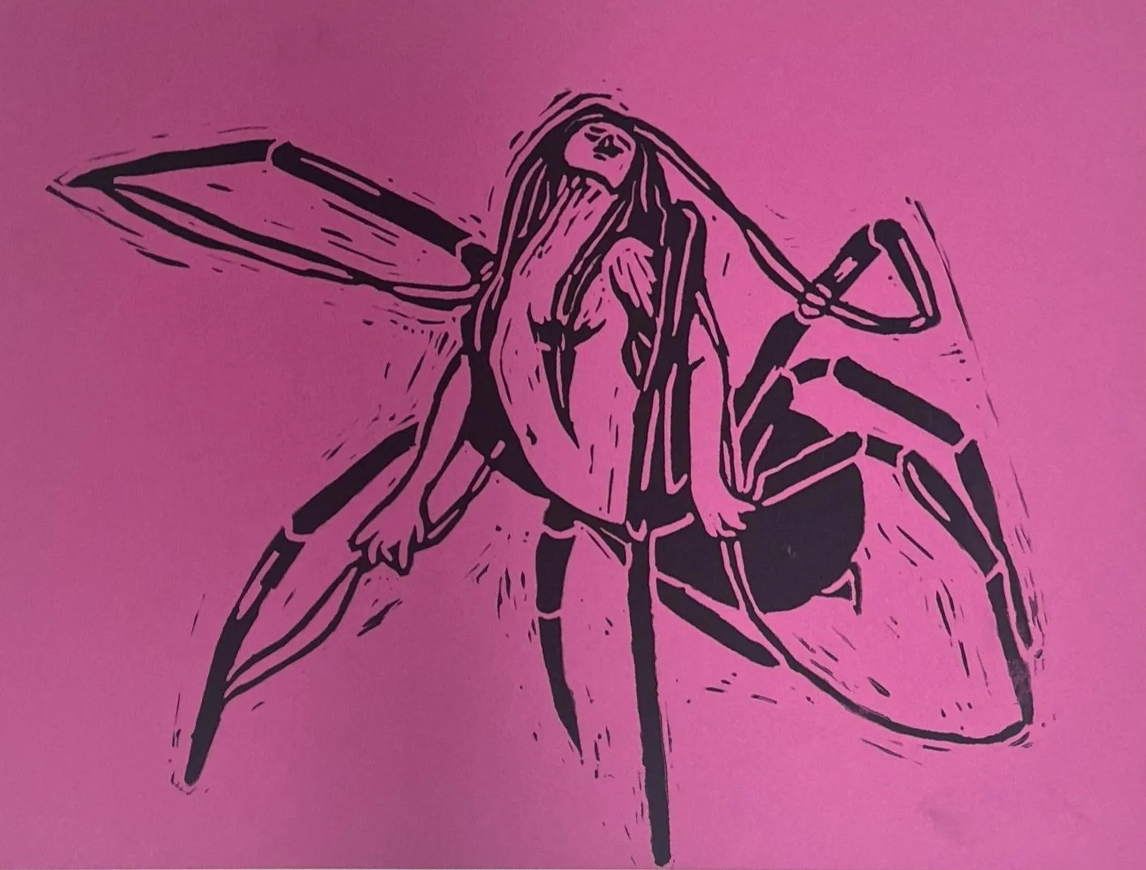 Black line drawing of a person with wings, sitting on a spider, on pink background.