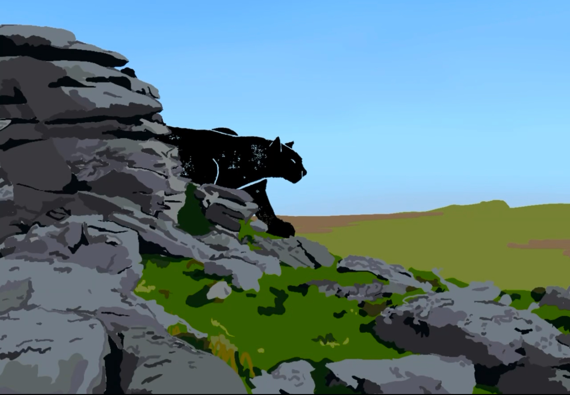 A black panther walking along rocky terrain on a grassy hillside against a blue sky background.