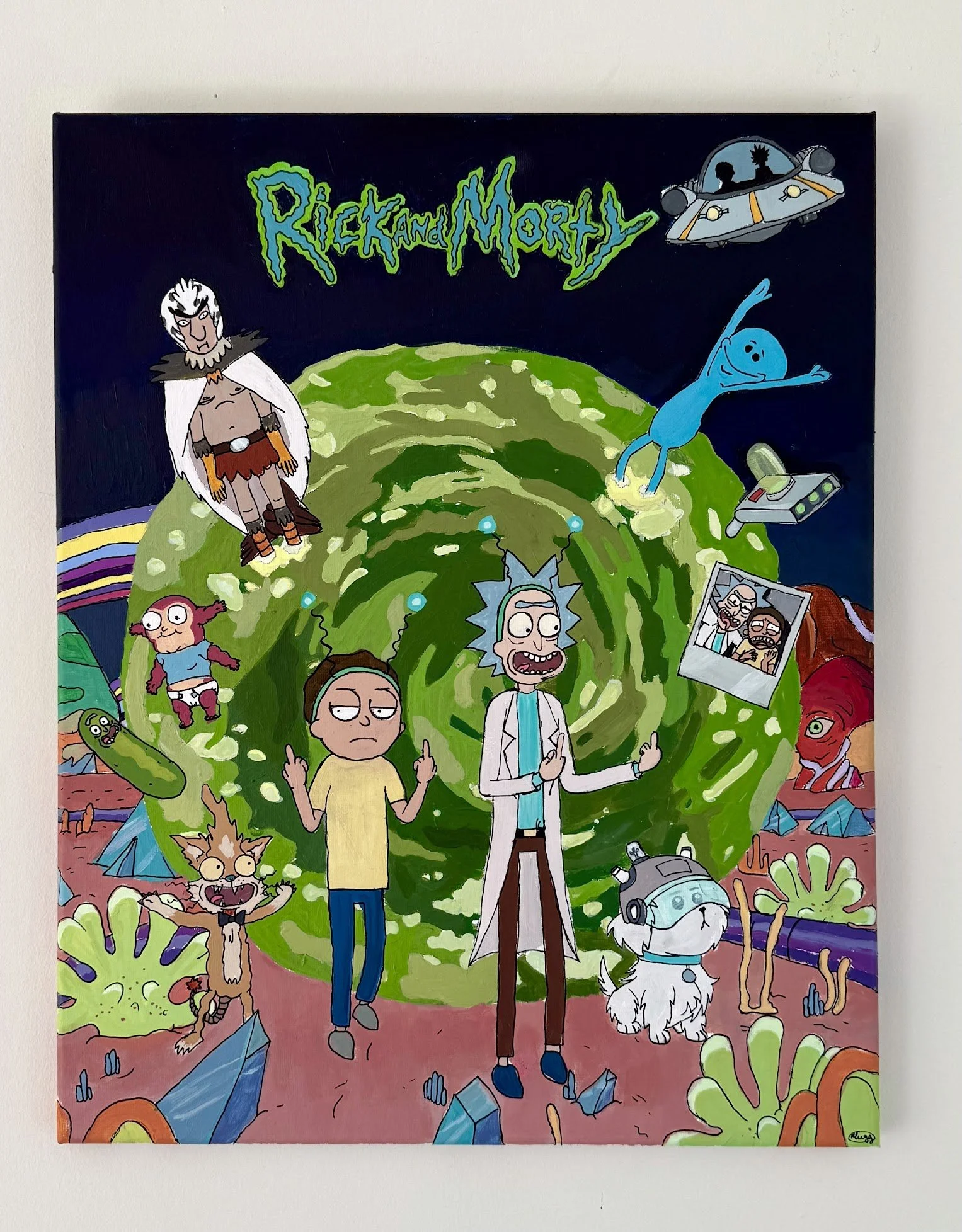 Colorful illustration of characters from the animated show 'Rick and Morty'. The central figures are Rick, a scientist with spiky blue hair and a white lab coat, and Morty, a teenage boy with brown hair, both making peace signs. Around them are vario