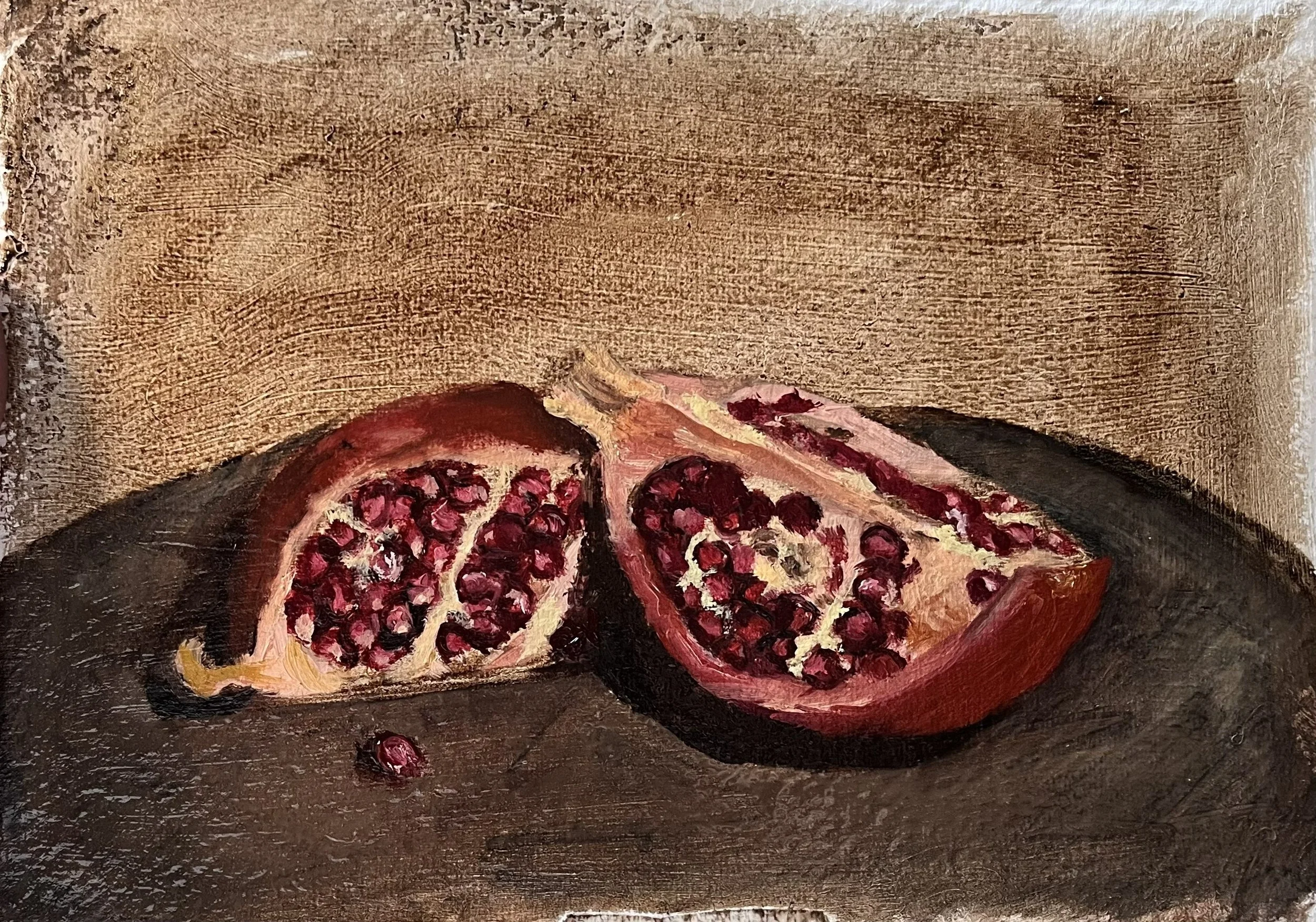 A painting of pomegranate fruit cut open to show the seeds inside, on a brown textured background.