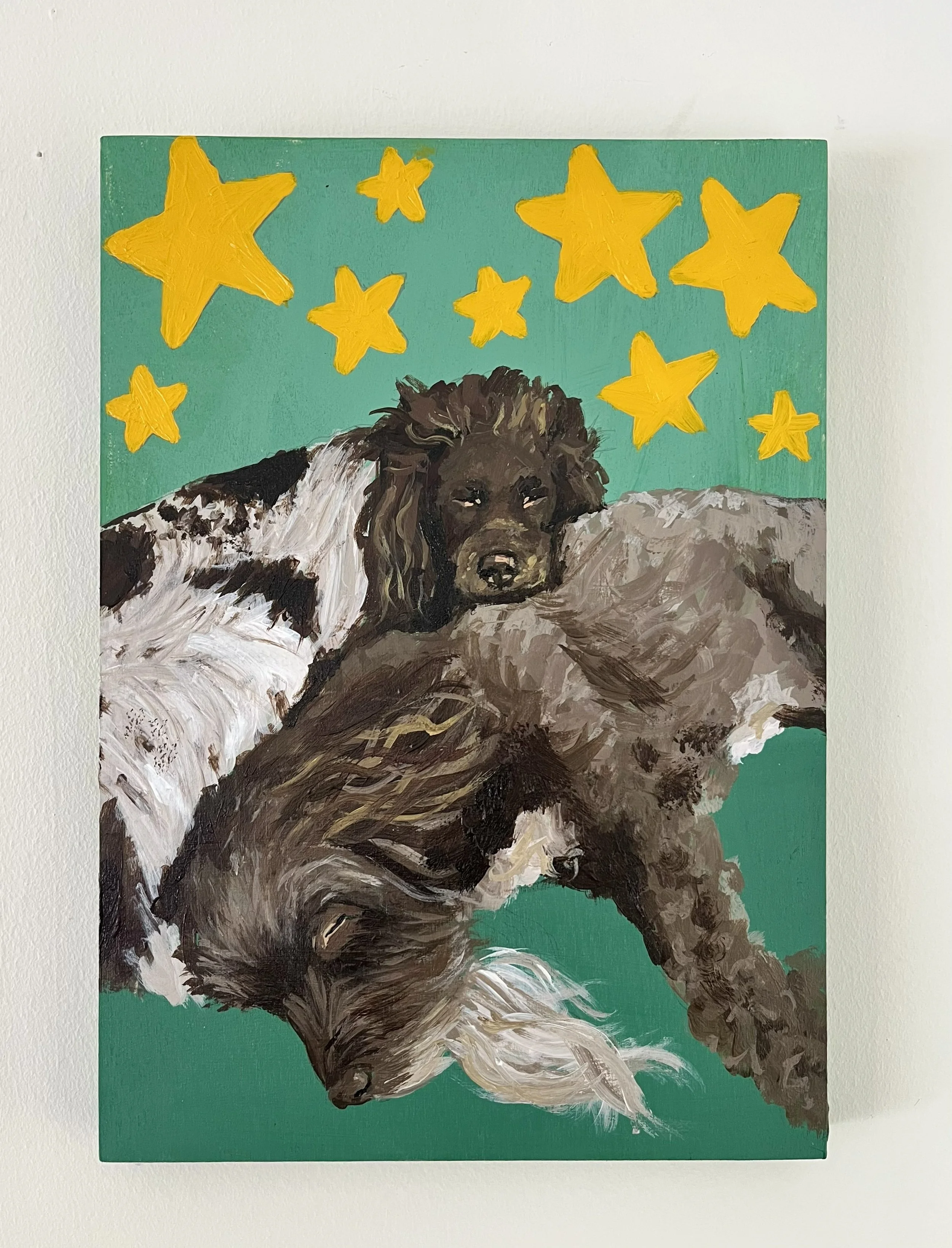 Painting of a large brown and white dog lying on a teal background with yellow stars in the background.