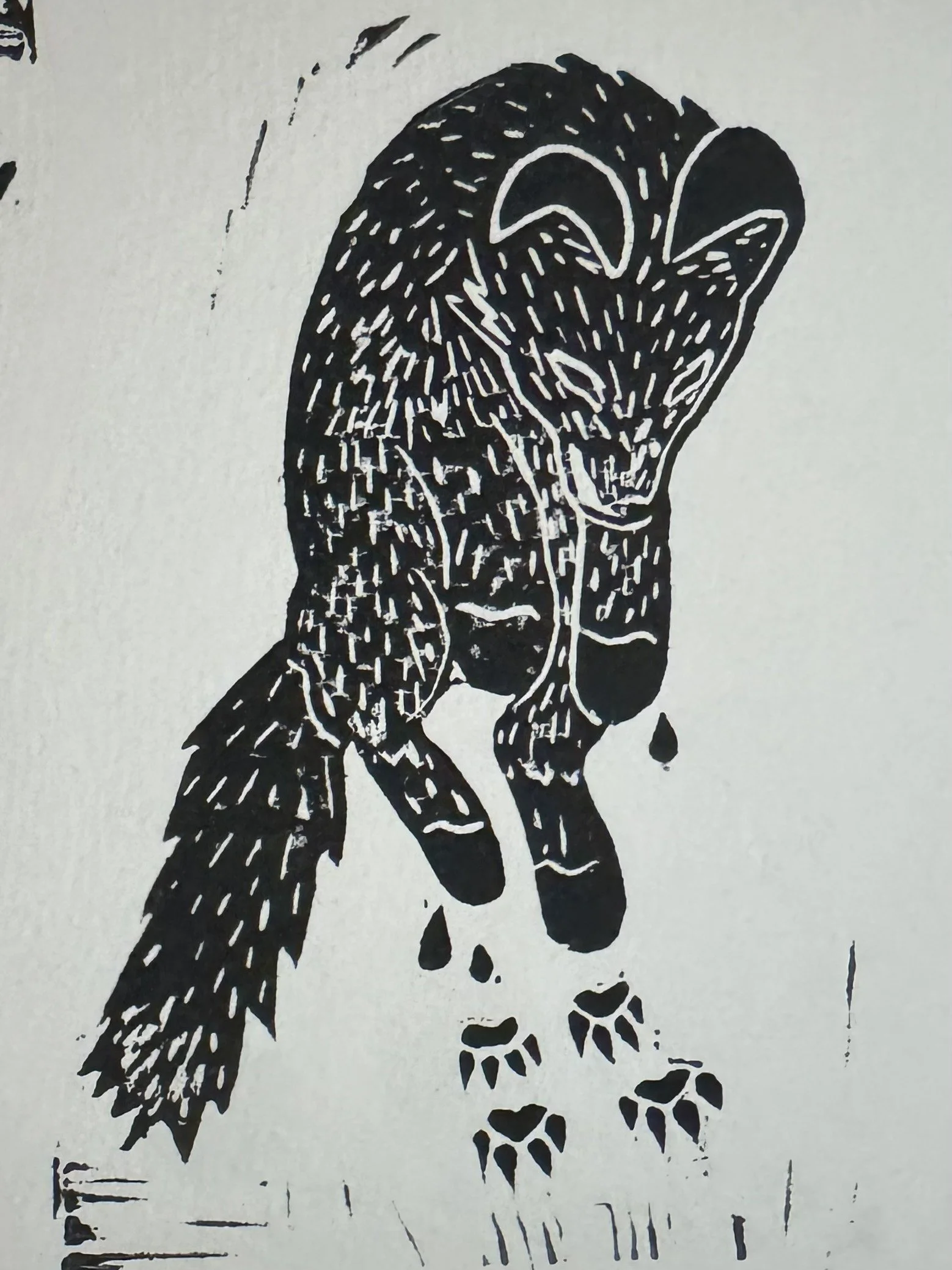 A black and white lino print of a fox jumping with foot prints.