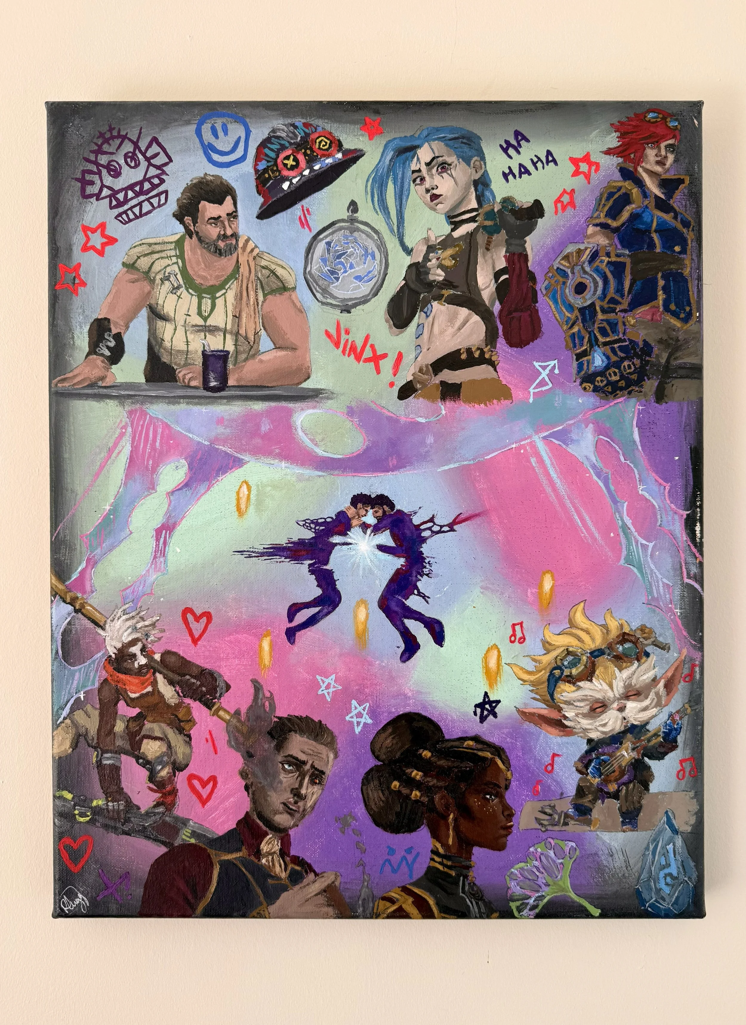 Colorful fantasy-themed painting featuring diverse characters, magical symbols, and vibrant patterns with doodles and text such as 'Jinx!' and 'Ha Ha Ha'.