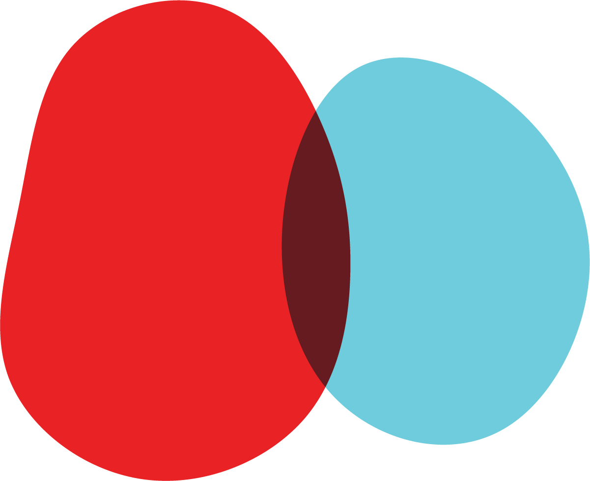 A Venn diagram with two overlapping circles, one red and one blue, with the overlapping area shaded darker.