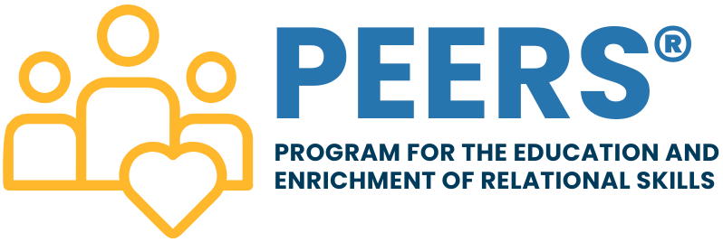 Logo for PEERS, a program focused on education and relational skills, featuring stylized yellow icons of people with a heart.