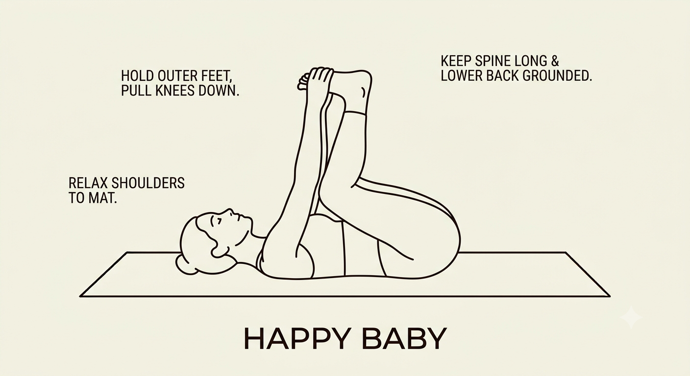 Line drawing of a woman lying on her back on a yoga mat, holding her legs straight up with hands on her shins. Text instructions indicate to hold outer feet, pull knees down, relax shoulders to mat, keep spine long and lower back grounded, and to kee