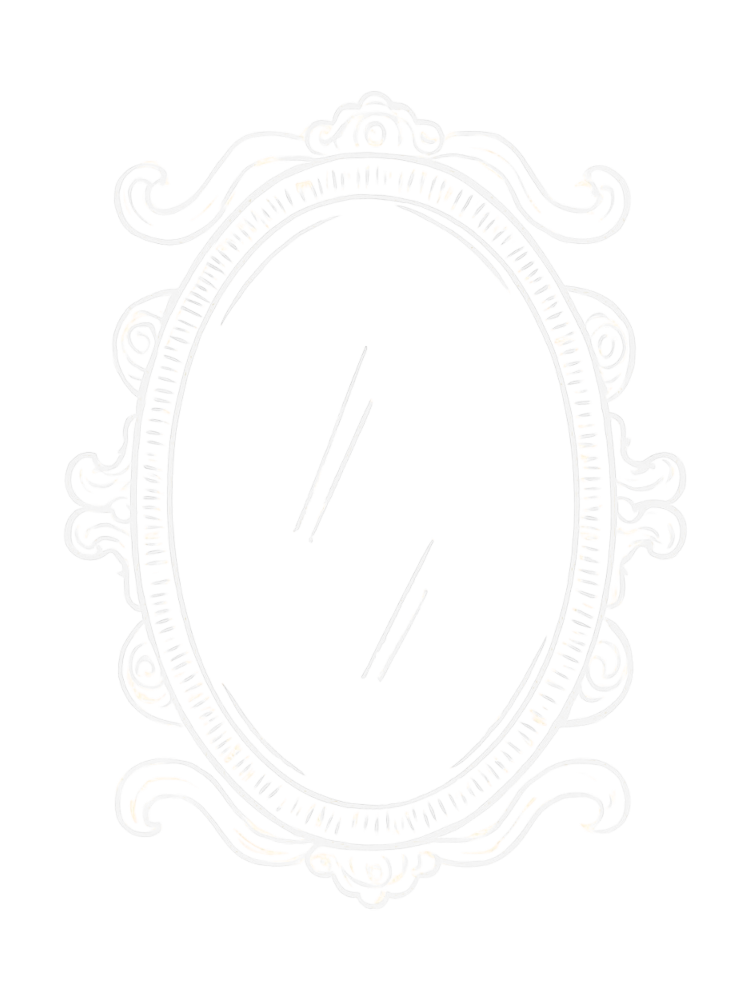 Decorative mirror with intricate white frame and a dark reflective surface