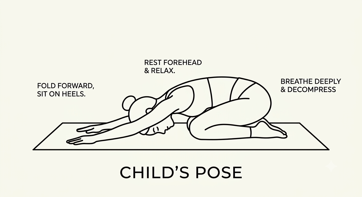 A person performing child's pose yoga position on a mat, kneeling with forehead on the ground, arms extended forward, and body relaxed.