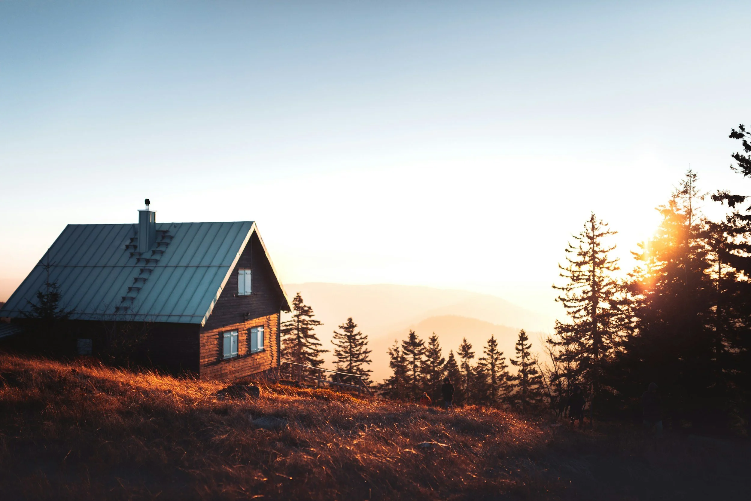 A wooden house with a metal roof is situated on a grassy hillside, surrounded by tall pine trees, with the sun setting behind the trees creating a warm glow and long shadows.