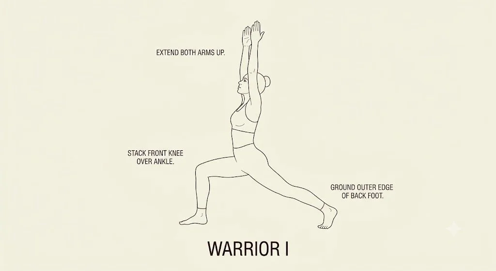 Line drawing of a woman in warrior I yoga pose, with instructions labeled: "Extend both arms up," "Stack front knee over ankle," and "Ground outer edge of back foot."