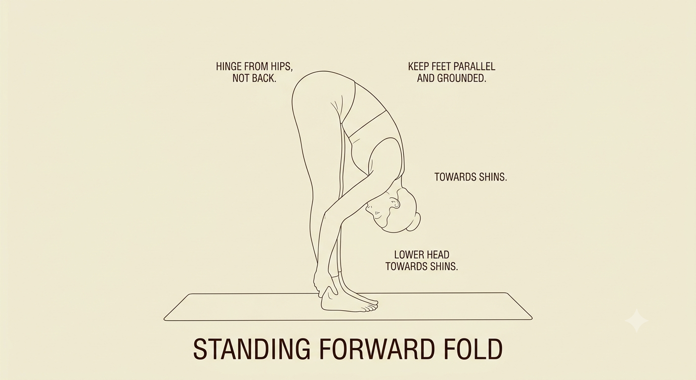 Line drawing of a person in a standing forward fold yoga pose on a mat. The person is bending at the hips, with hands reaching down towards the feet. Text annotations point to key instructions: "Hinge from hips, not back," "Keep feet parallel and gro