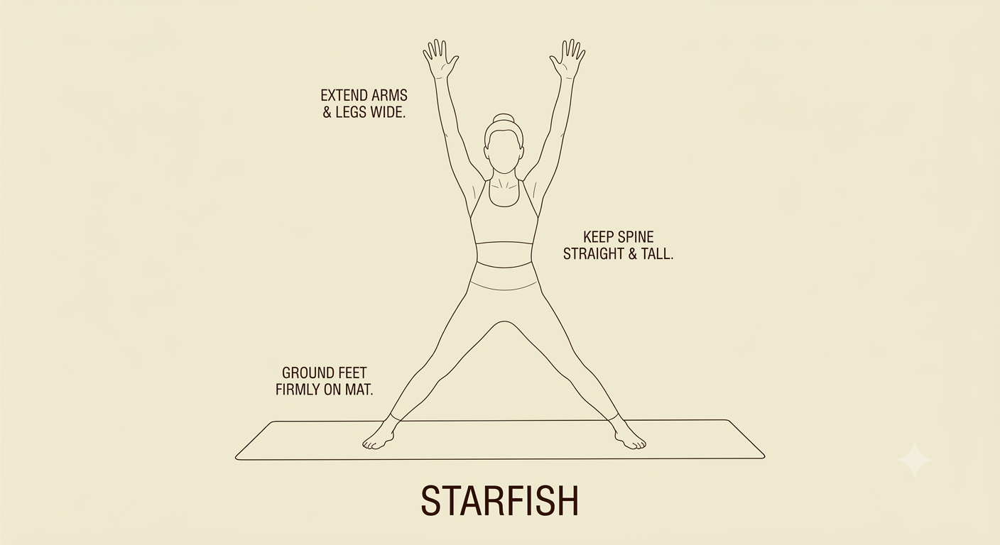 A woman demonstrates a yoga pose called 'Starfish' with instructions: extend arms and legs wide, keep spine straight and tall, and ground feet firmly on the mat.