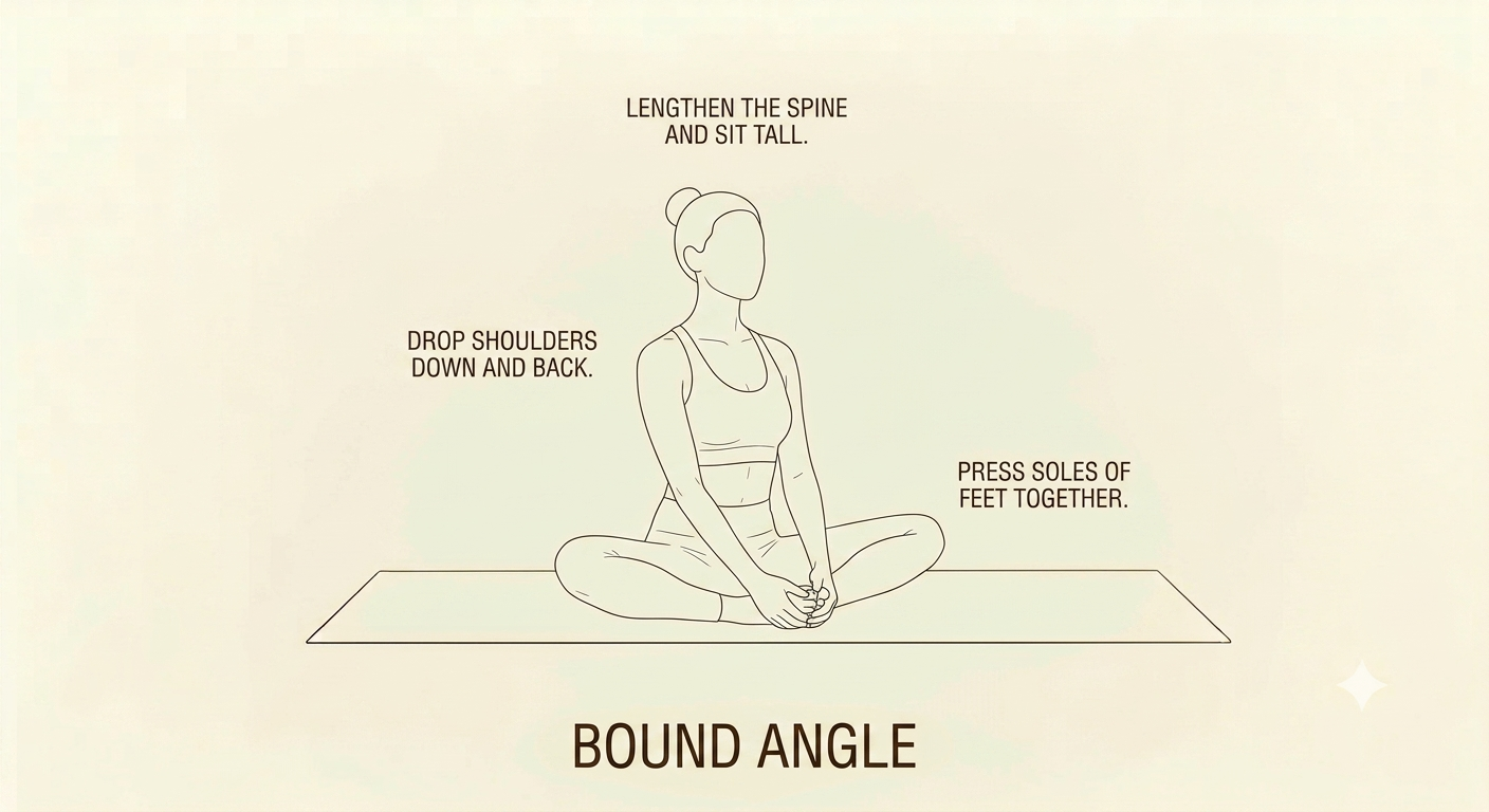 An illustration of a woman sitting cross-legged on a yoga mat, demonstrating a pose called 'Bound Angle'. The instructions include lengthening the spine and sitting tall, dropping shoulders down and back, and pressing the soles of the feet together.