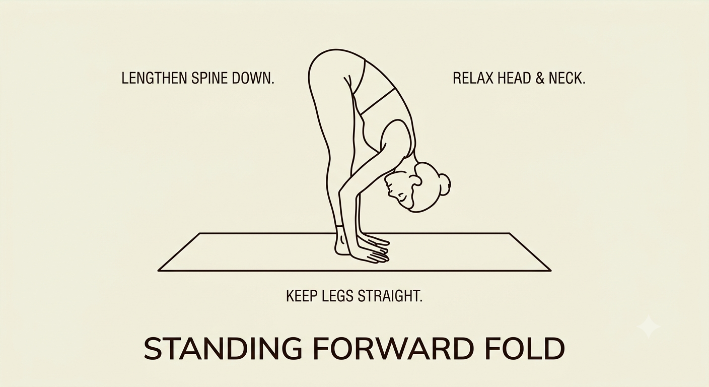 Illustration of a person performing a standing forward fold stretch on a yoga mat, with instructions to lengthen spine downward, relax head and neck, and keep legs straight.