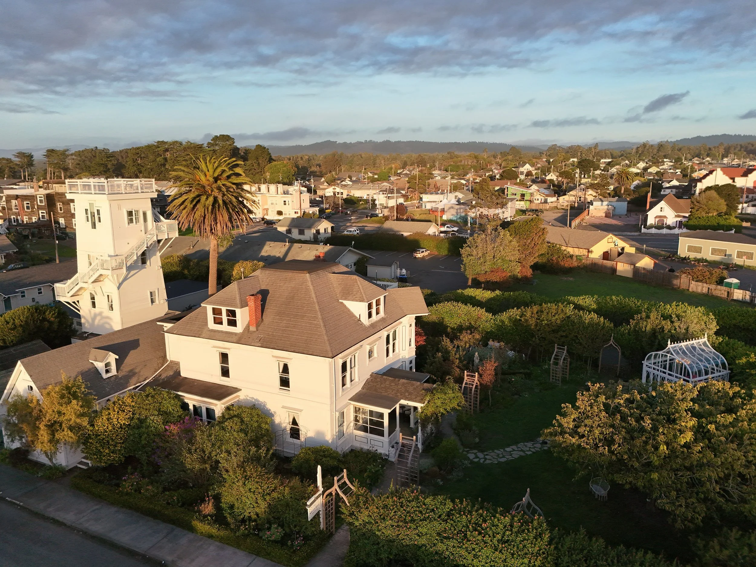 Aerial view of Fort Bragg, California with houses, trees, and palm trees, under a partly cloudy sky during late afternoon or early evening.
