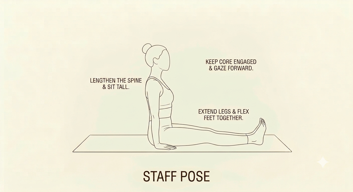 Line drawing of a woman practicing staff pose yoga, with instructions to lengthen spine, keep core engaged and gaze forward, extend legs and flex feet, sitting on a yoga mat.