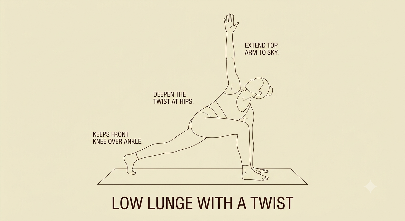 Line drawing of a woman performing a low lunge yoga pose with a twist. She has her front knee bent over her ankle, and her back leg extended with the knee slightly bent. Her left hand is on the ground and her right arm extends upward to sky, with ins