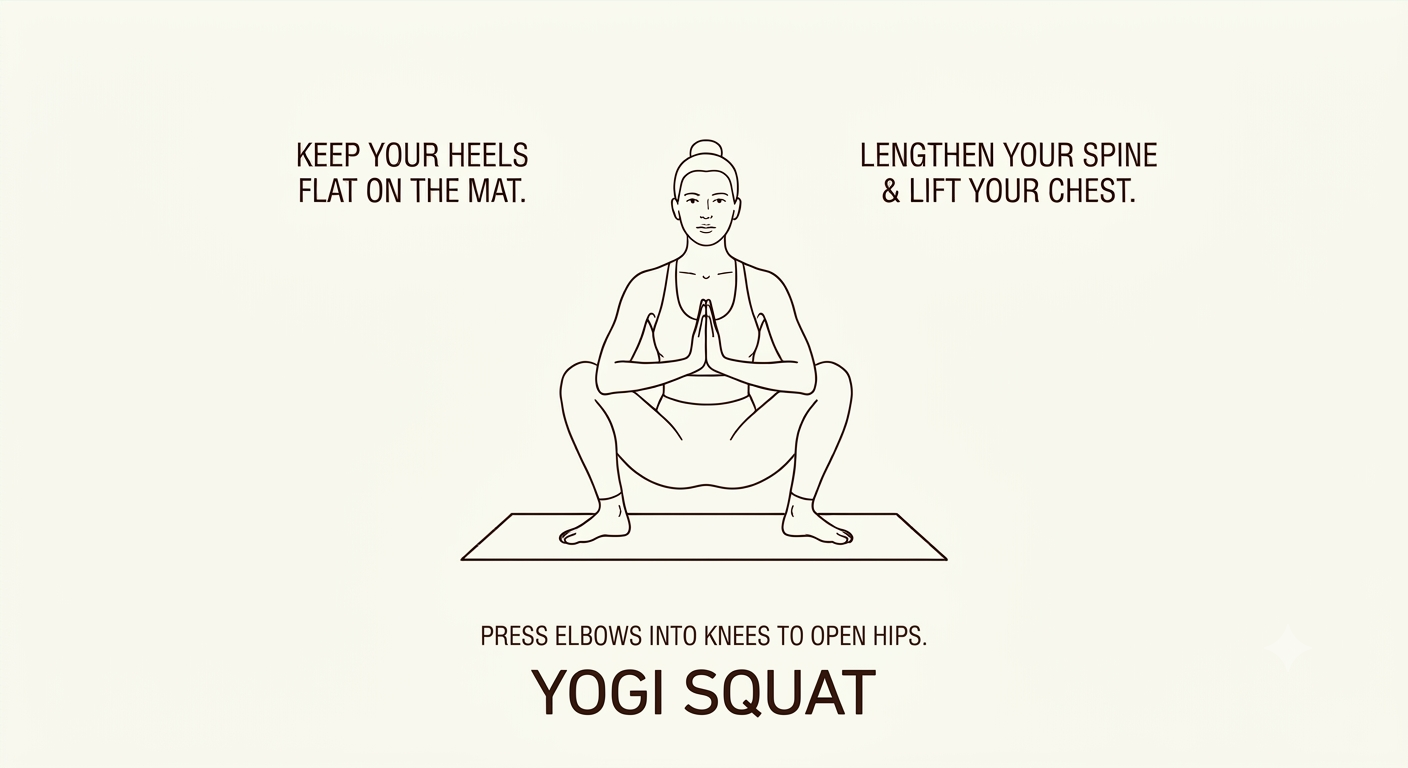 Line drawing of a woman in a yoga squat position with hands pressed together in prayer, on a yoga mat, with instructions for the pose.