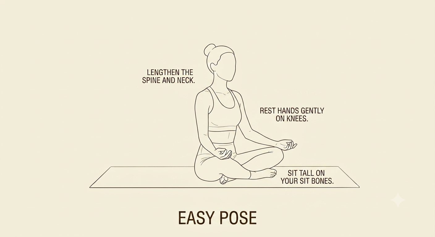 Line drawing of a woman sitting cross-legged on a yoga mat in a meditative pose, with instructions to lengthen the spine and neck, rest hands on knees, and sit tall on sit bones, under the heading 'Easy Pose'.
