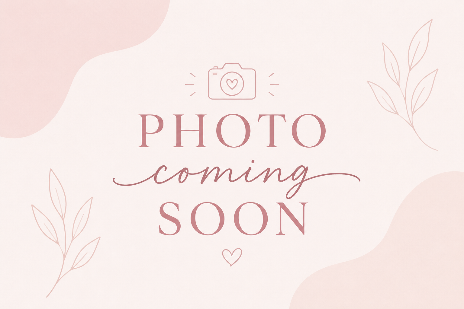 Placeholder image with light pink and beige background, displaying text 'Photo coming soon' and a camera icon with a heart in the center.