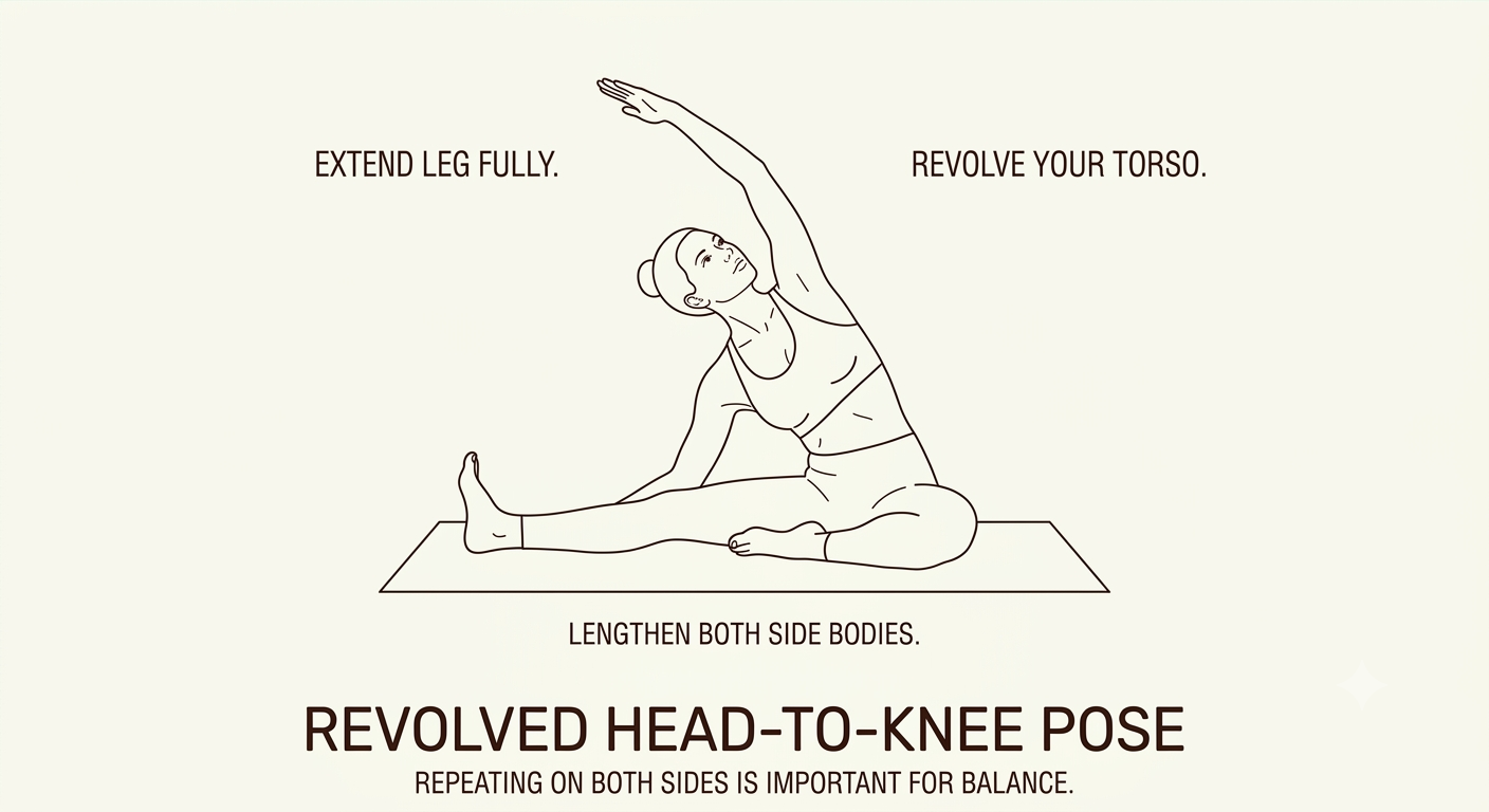 Line drawing of a woman performing a yoga pose on a mat, sitting with one leg extended and the other bent. She reaches over her head with one arm while the other arm supports her body. Instructions indicate to fully extend the leg, revolve the torso,