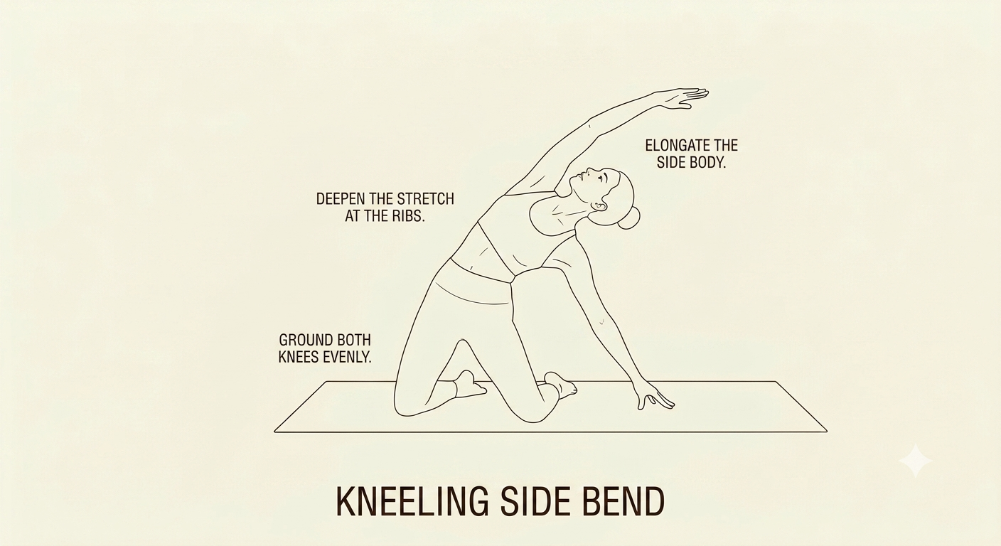 Illustration of a woman demonstrating the kneeling side bend stretch on a yoga mat, with instructions to deepen the stretch at the ribs, extend the side body, and ground both knees evenly.