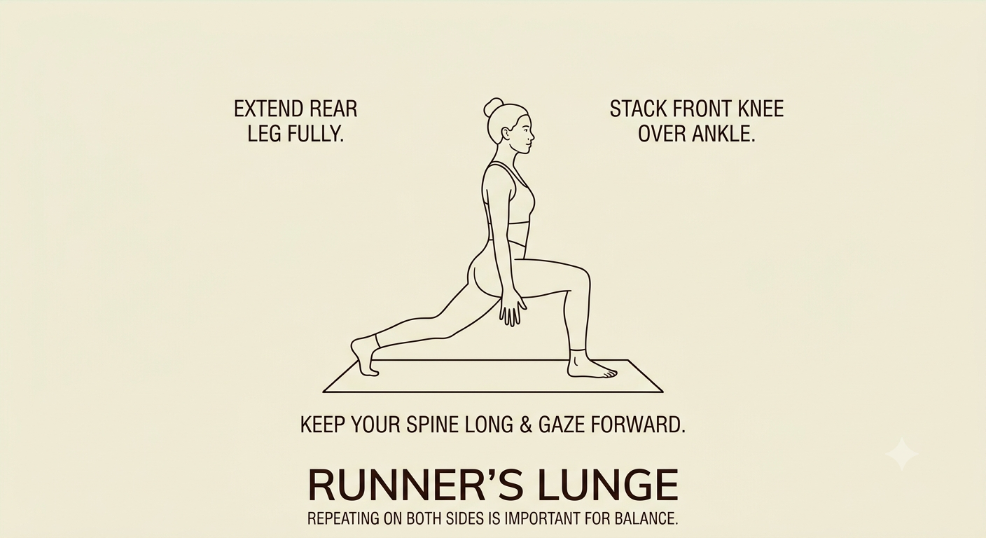 Illustration of a woman performing a lunge exercise on a yoga mat, with instructions to extend rear leg fully, stack front knee over ankle, keep spine long, gaze forward, and note that repeating on both sides is important for balance.
