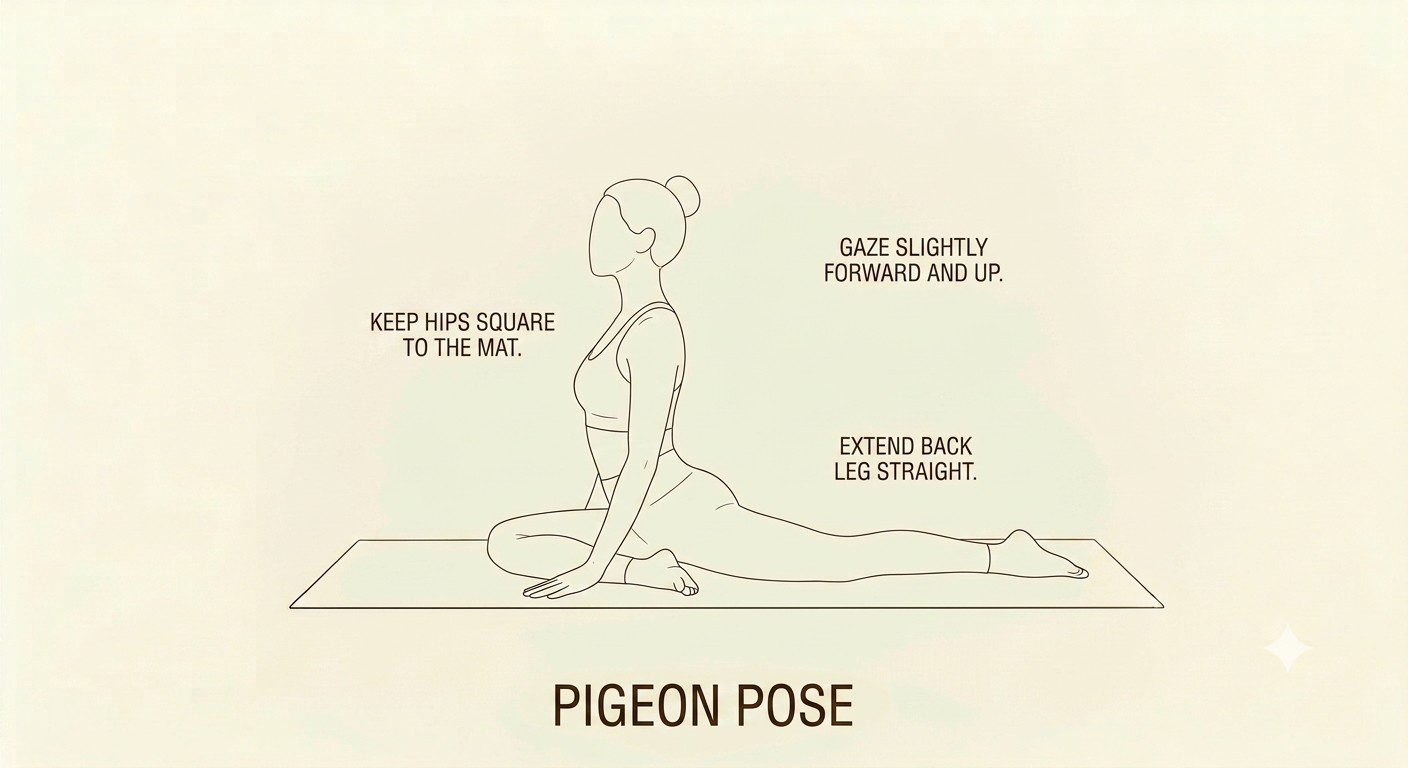 Line drawing of a woman performing the pigeon pose yoga position on a mat, with instructions: keep hips square to the mat, gaze slightly forward and up, extend back leg straight.